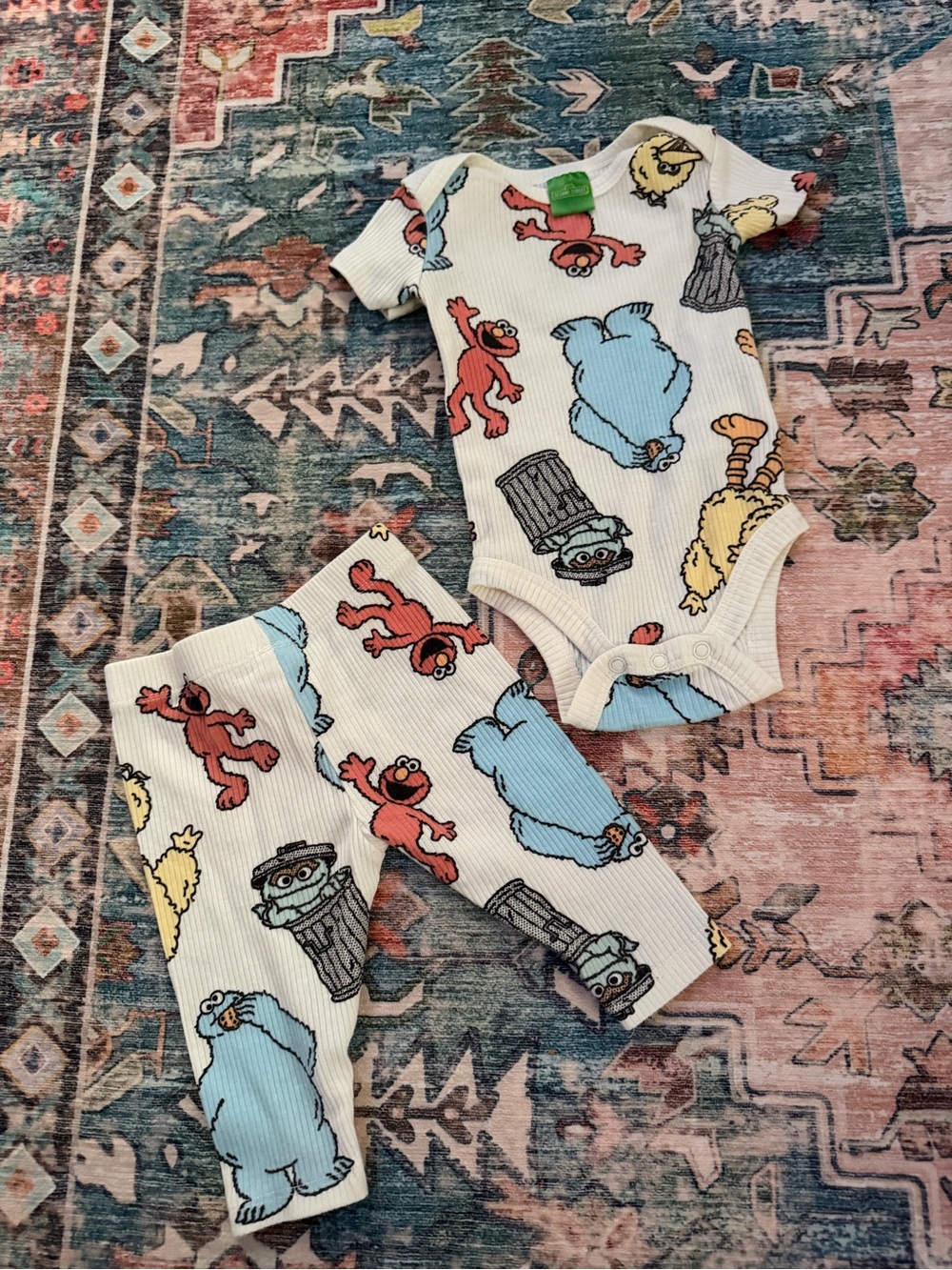 Sesame Street Cream Ribbed One-Piece and Pants with Multicolor Character Prints